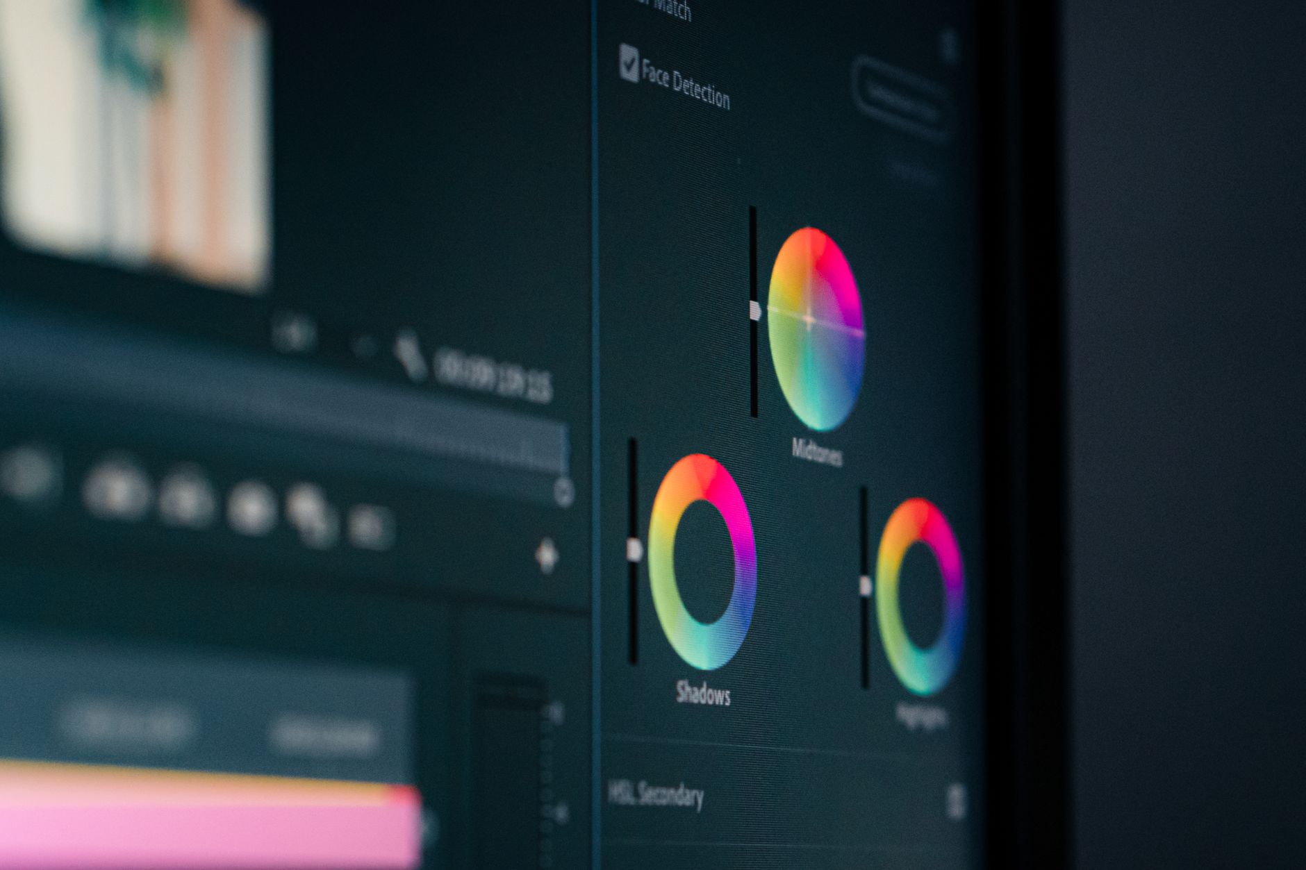 An editing technician grading color tones with dual premium monitors and digital surface controls